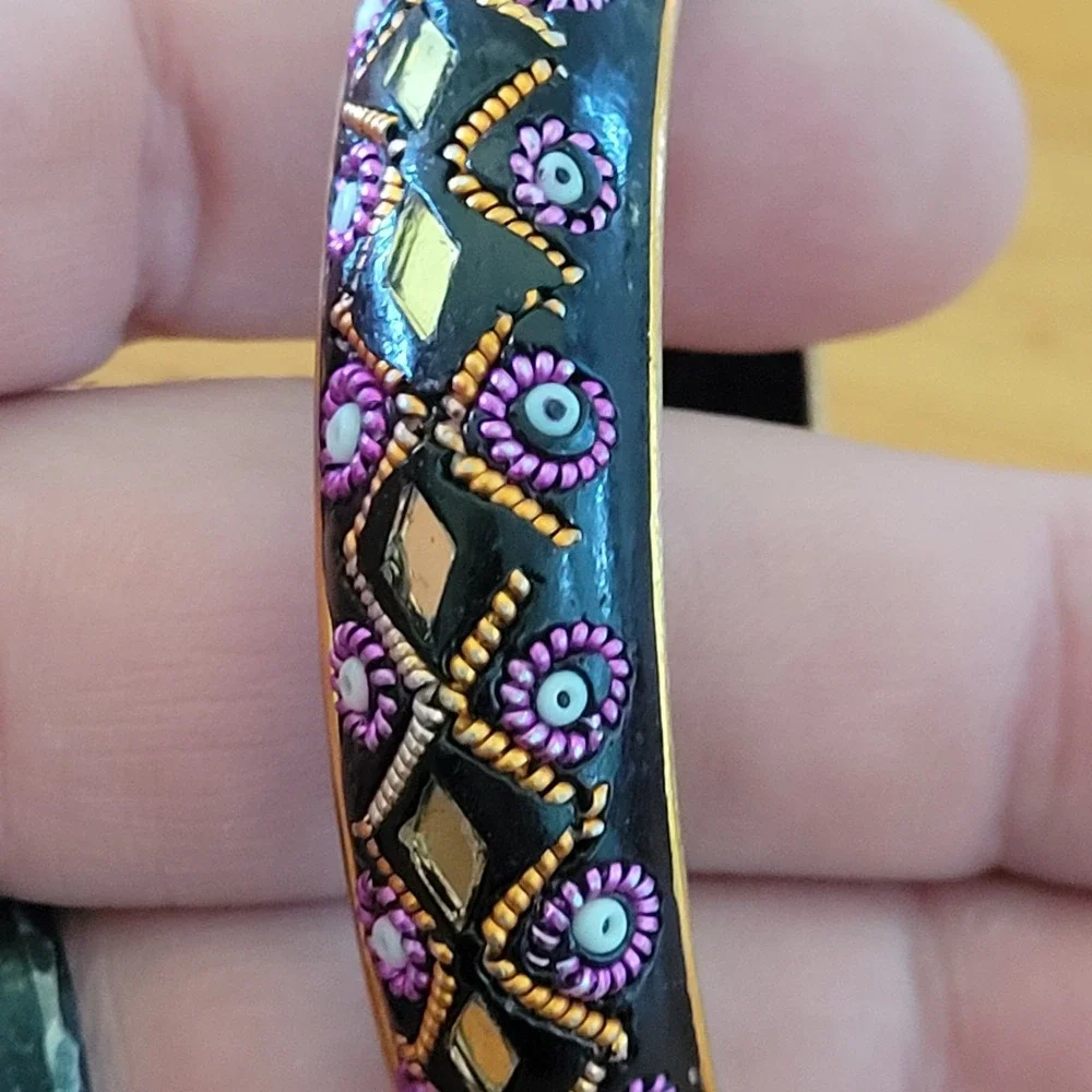India Black Lacquer Bangle Bracelet Pink Floral Gold Mirror Inlay Vtg
